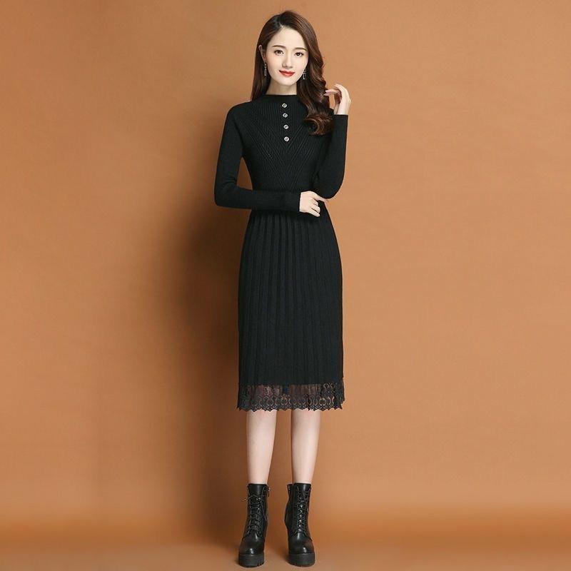 

Knitted Dress for Women In Autumn and Winter Long Knee-length Half Turtleneck Sweater Lace Sweater Dress S чёрный
