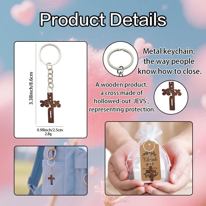 Wooden cross keychain party gift kraft paper label and organza bag christening gift