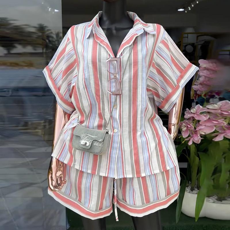 2026 Spring Women's Striped Lapel Shirt & Tie-Up Wide-Leg Shorts Set