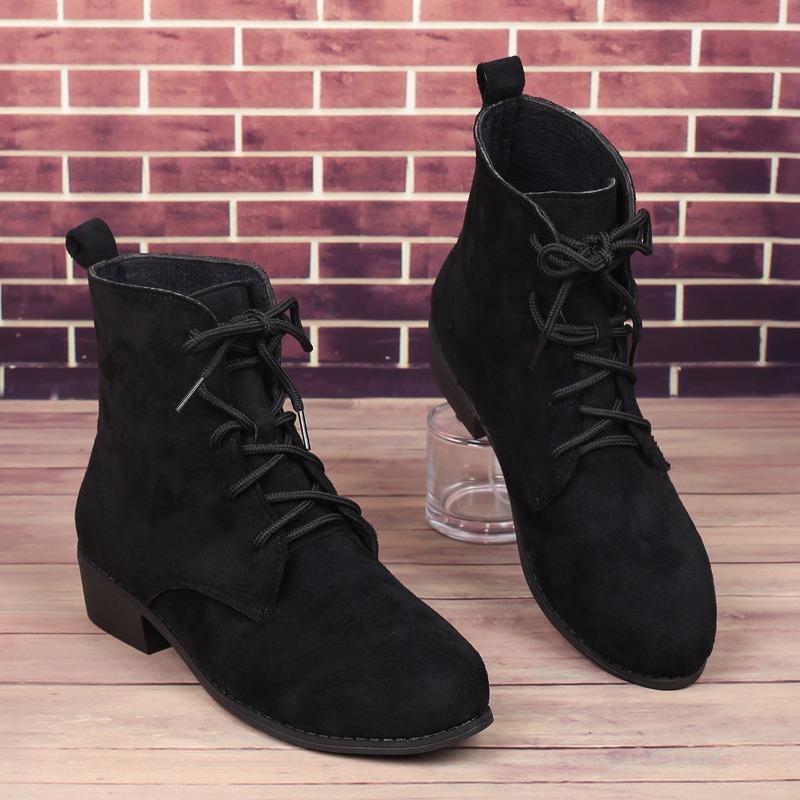 Frosted Velvet Booties Spring and Autumn New Round Toe Lace-up Soft Sole Non-slip Wear-resistant Plus Size Block Heel Shoes