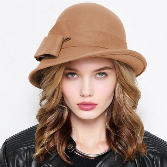 Ladies Wool Felt Bucket Hat Vintage Cloche Fedora Hat Female Bowler Hat with Bow Winter Wedding Church Jazz Cap