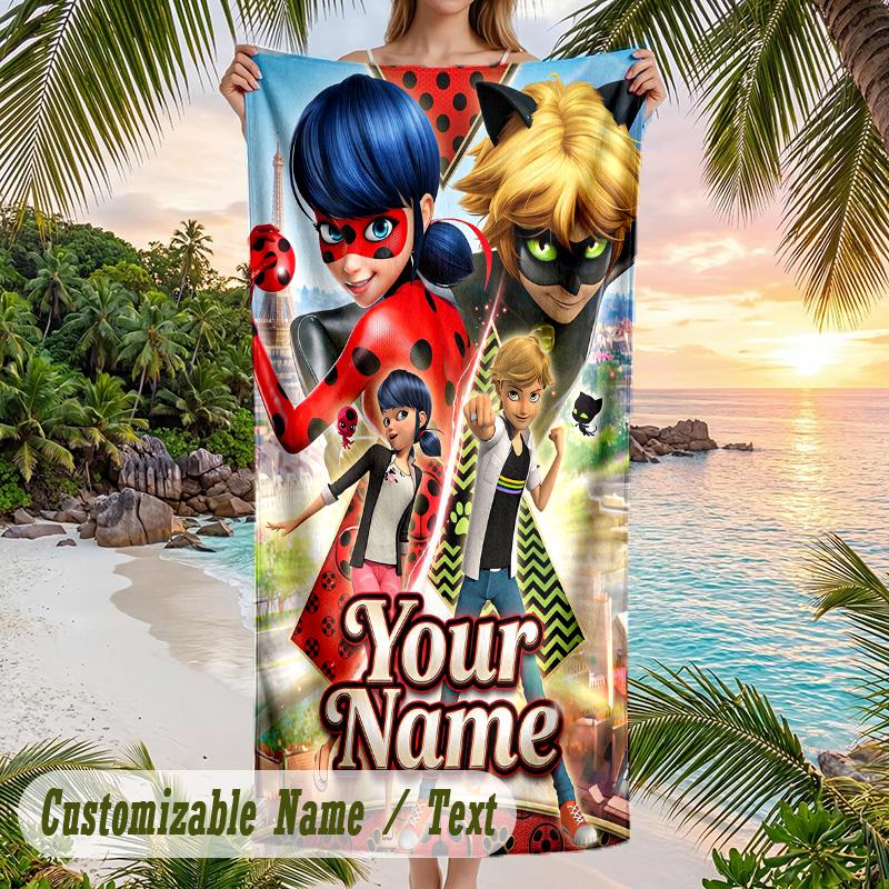 Asciugamano da Spiaggia Miraculous Ladybug, Testo Personalizzato su Misura, Asciugatura Rapida Morbido Grande Asciugamano per Piscina Viaggio