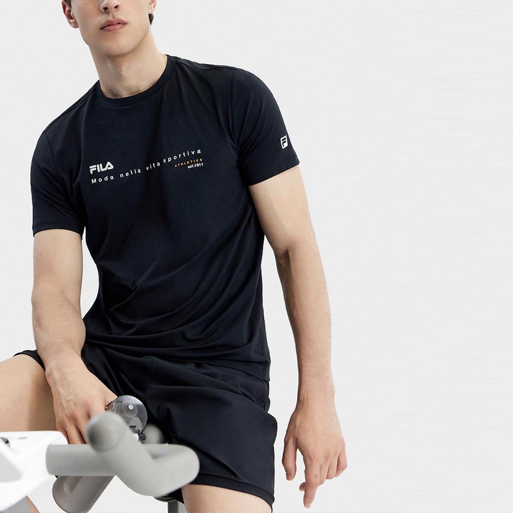 FILA SS24 Letter Print Simple Sports Fitness Knitted Crew Neck Short Sleeve T-Shirt Men Tops Deep-Black A11M321109ABK