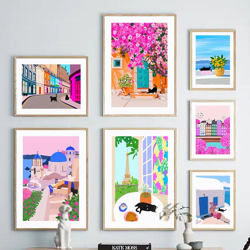 Santorini Rome Paris Cat Flower Summer Abstract Landscape Posters Prints Wall Art Canvas Painting Pictures For Living Room Decor