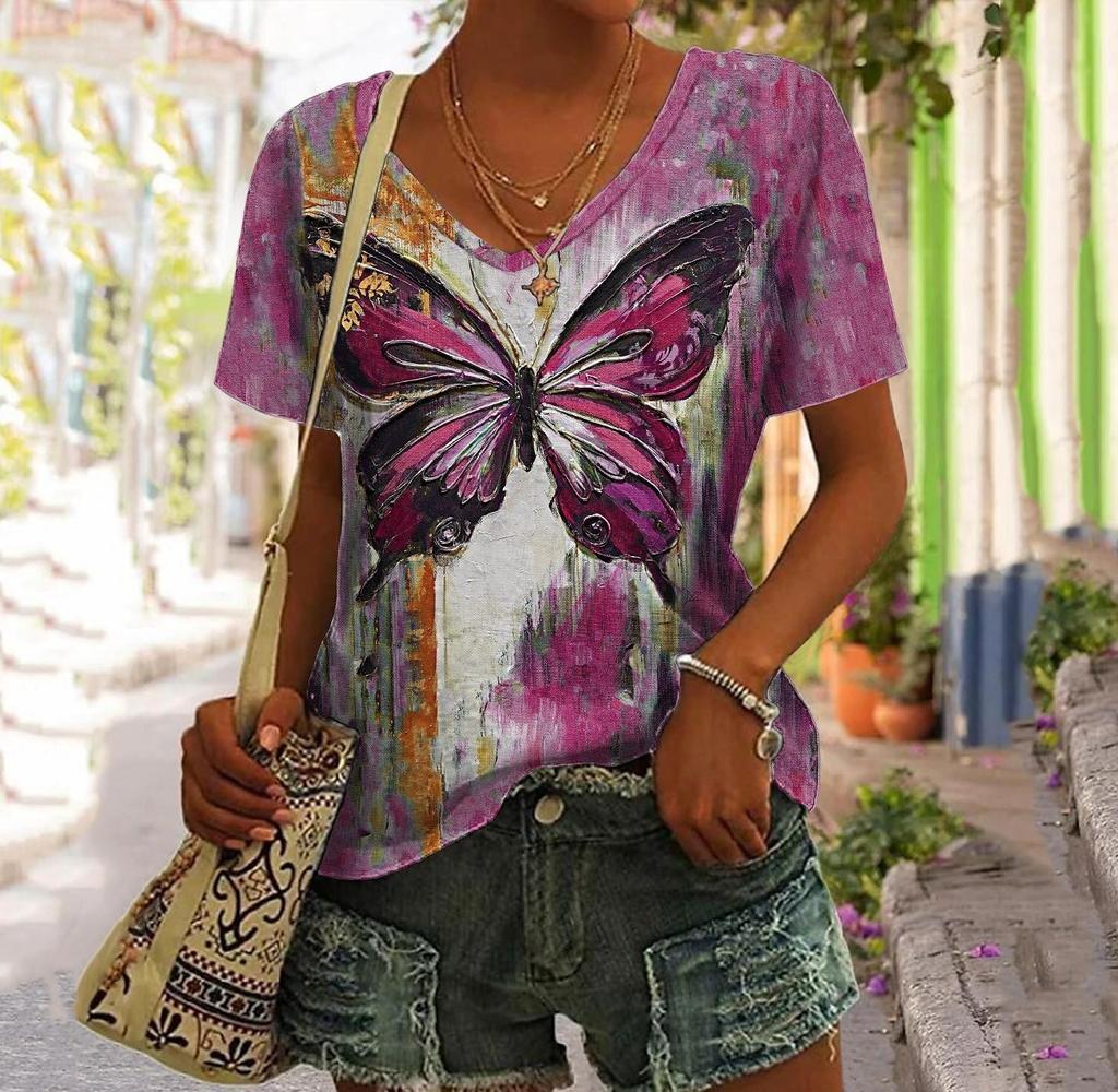 Summer Women's T Shirt Tee 3D Prints Butterfly Graphic Casual Daily Blue Prints Short Sleeve Fashion V Neck Regular Fit Tops