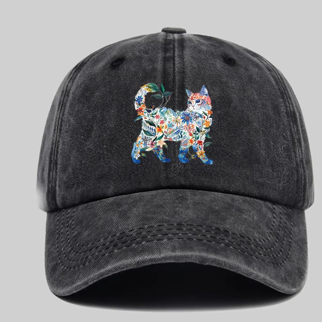Retro Watercolor Flower Cat Graphic Baseball Cap Washed Dad Hat Adjustable Comfortable And Versatile