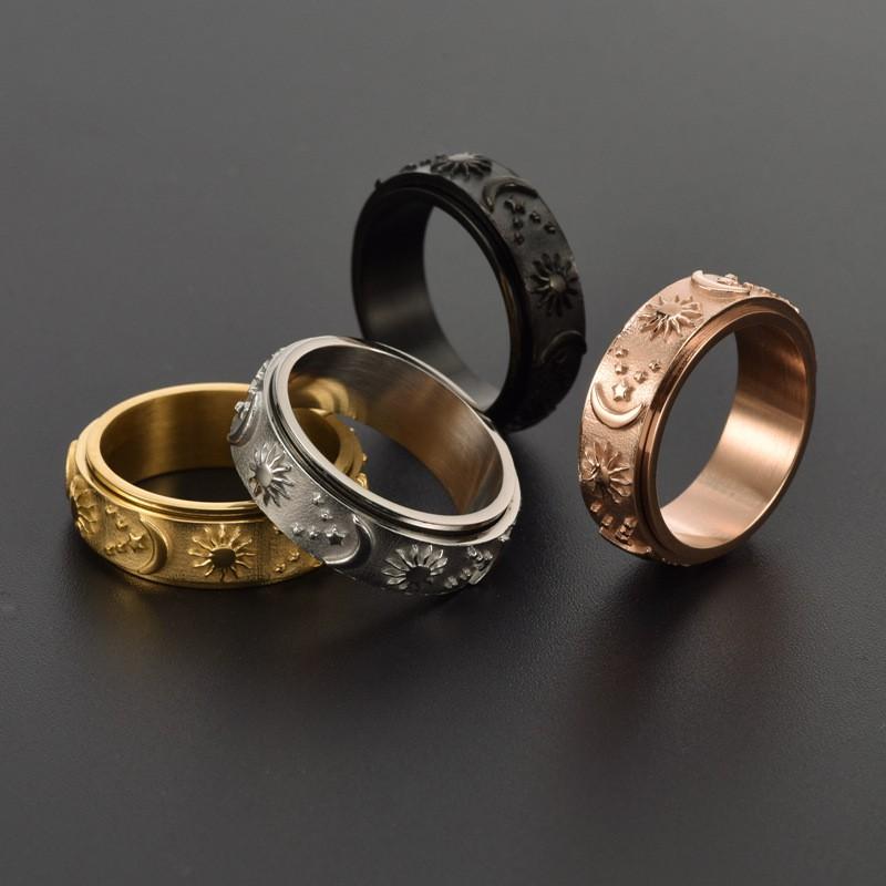 Titanium Steel Rotating Star Moon Sun Ring Men Punk Style Adjustable Size Ins Trendy Jewelry