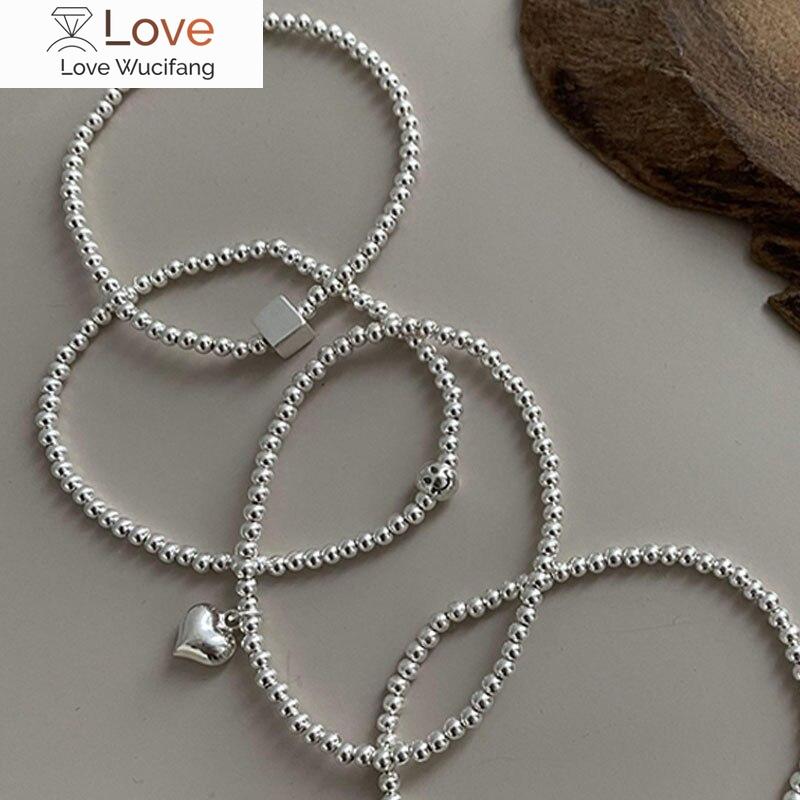 925 Sterling Silver Beaded Square Heart Bracelet For Women Simple Personality Cool Bracelet Korean Selling Jewelry