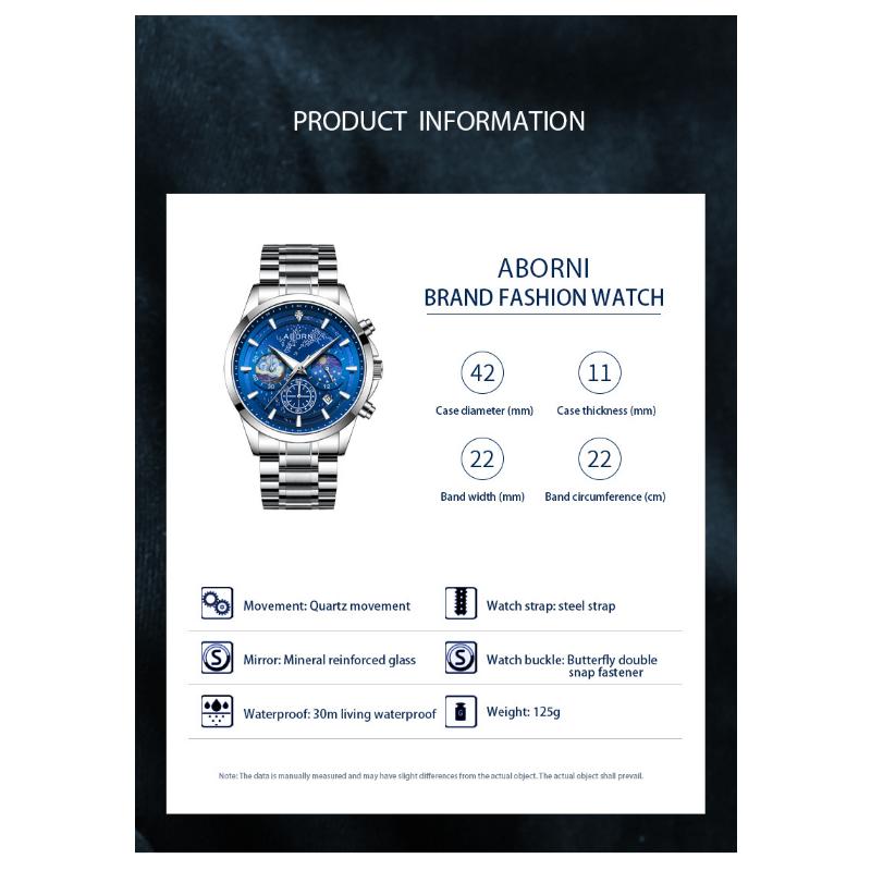 ABORNI Casual Sporty Brand Stainless Steel Band Wristwatches for Men Chronograph Quartz Watches with Date Moon Phase Watches