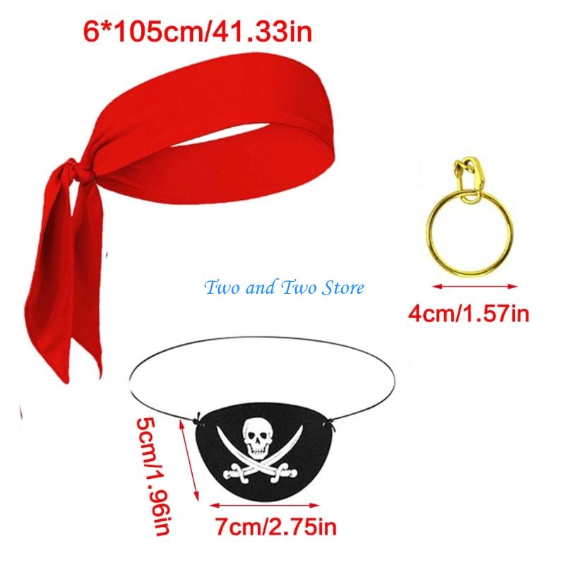 HX6F Halloween Pirate Costume Accessories Tie Headband Pirate Hat Pirate Eye Patches Golden Earrings for Kids Toddler