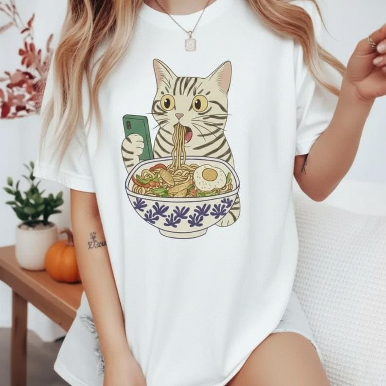 Cat Rahmen Unisex T-shirt, Cat Eating Ramen Funny Shirt, Graphic Tee for Cat Lovers, Vintage Kitty Top, Cool Casual Cat Print Shirt