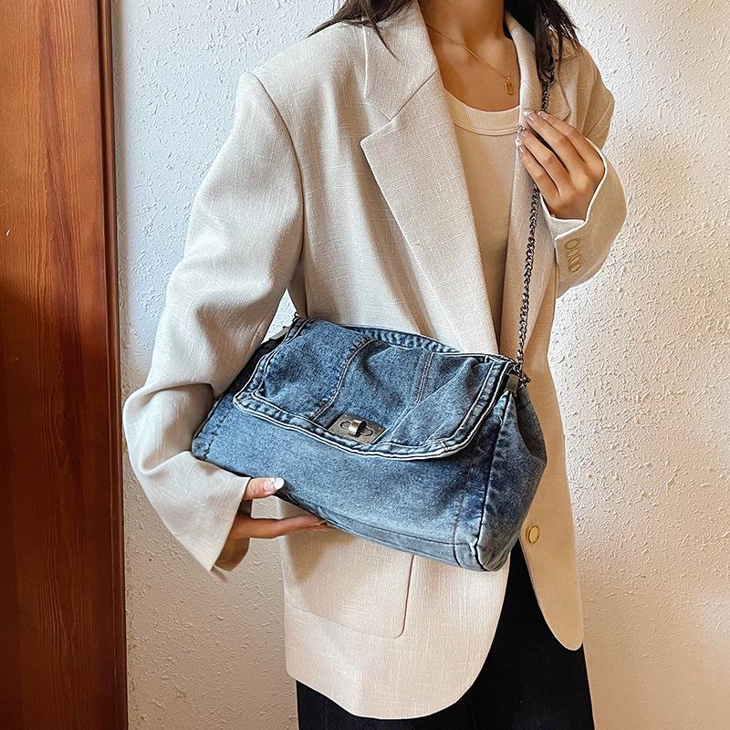 Women's 2024 Retro Casual Denim Chain Shoulder Bag – Large Capacity Commuting Tote