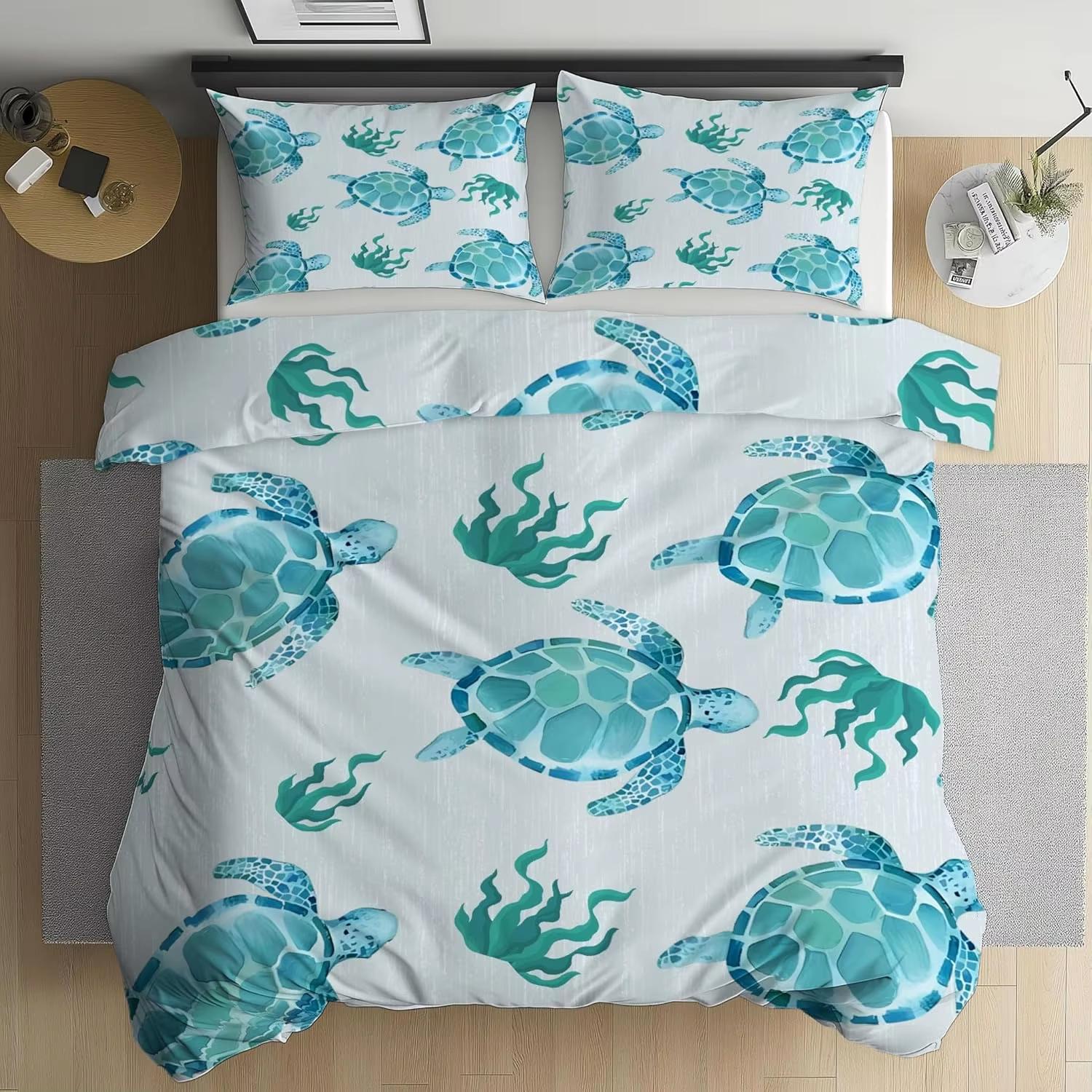 Flylo Unisex Coral Underwater World Sea Turtle Duvet Cover With Pillowcase,Marine Theme Bedding Set,3D Printing Reversible Bedding With Zippe
