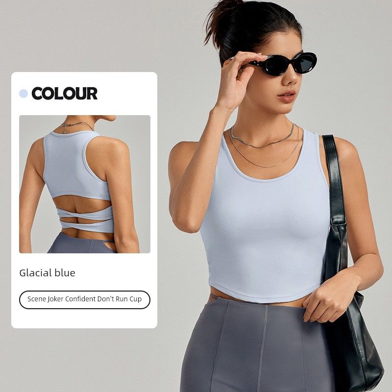 

Export New Arrival Sports Vest Women with Chest Pad Sexy Back Waist Yoga Clothes Vest Breathable Non-Running Cup Fitness Vest Glacial blue L