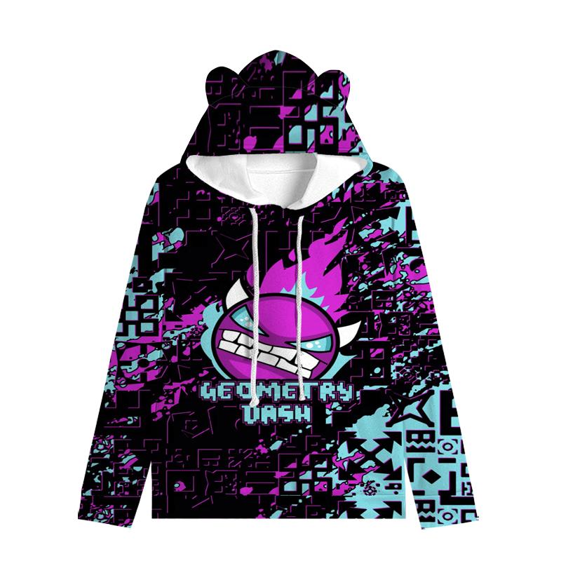 Dětská mikina Angry Geometry Dash pro chlapce Dívčí mikina Harajuku Streetwear Hip Hop Kawaii Cat Ear Pullover s kapucí
