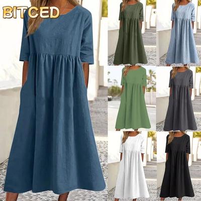 Fashion Summer Spring Solid Color Print Short Sleeve O-Neck Casual Dresses International Design