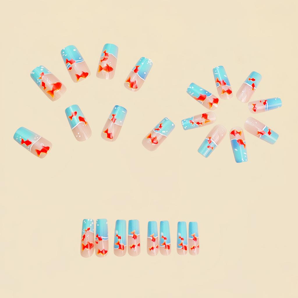 Aufdrücknägel Lang Quadratisch Falsche Nägel mit Fischdesigns Künstliche Nägel Niedlich Glänzend Aufkleben Künstliche Nägel für Damen