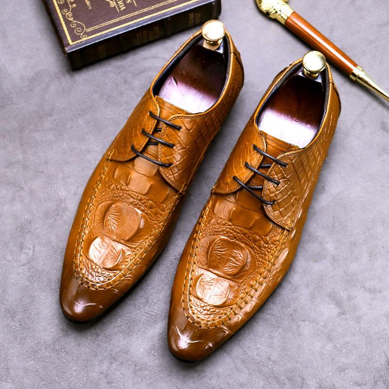 Fashion Men's Business Dress Shoes Genuine Leather Crocodile Pattern Pointed Shoes Male British Casual Leather Shoe Large Size 37-46