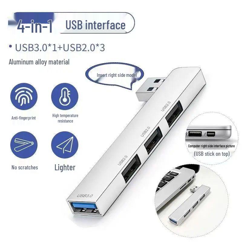 Cross-Border USB-C Aluminum 4-Port USB 3.0 Splitter Hub with Side Insert Design