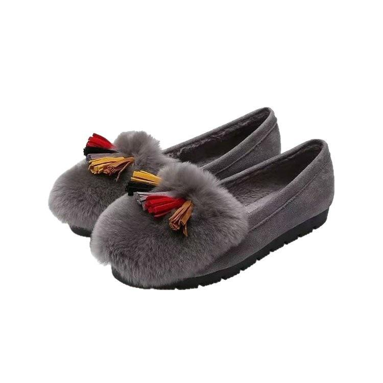 Tassel thick-soled fluffy shoes for women's 2025 winter new outer wear, velvet imitation rabbit fur, one pedal, bean shoes, warm cotton shoes