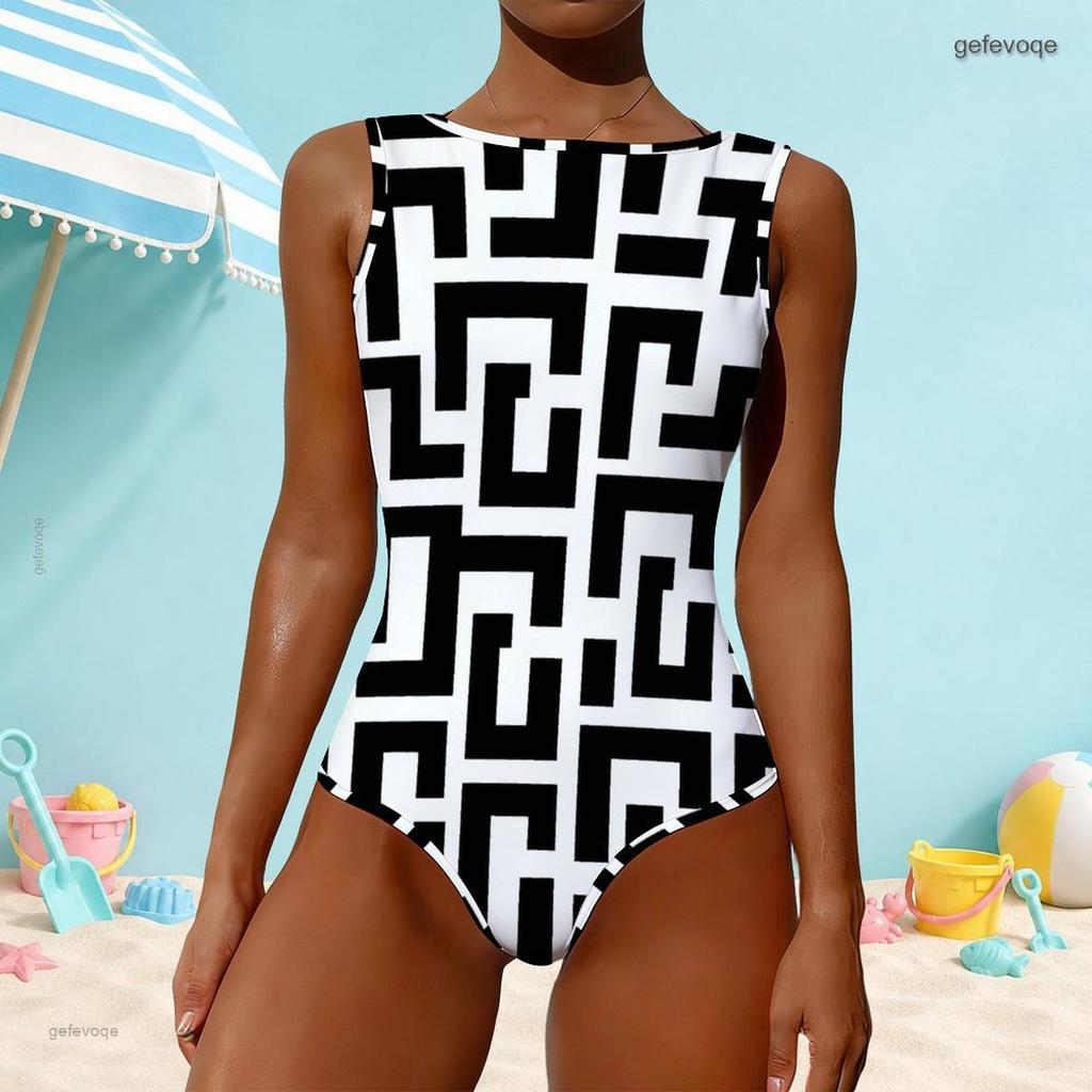 Women Plus Size High Round Neck Sleeveless One Piece Geometric Printed Swimsuit