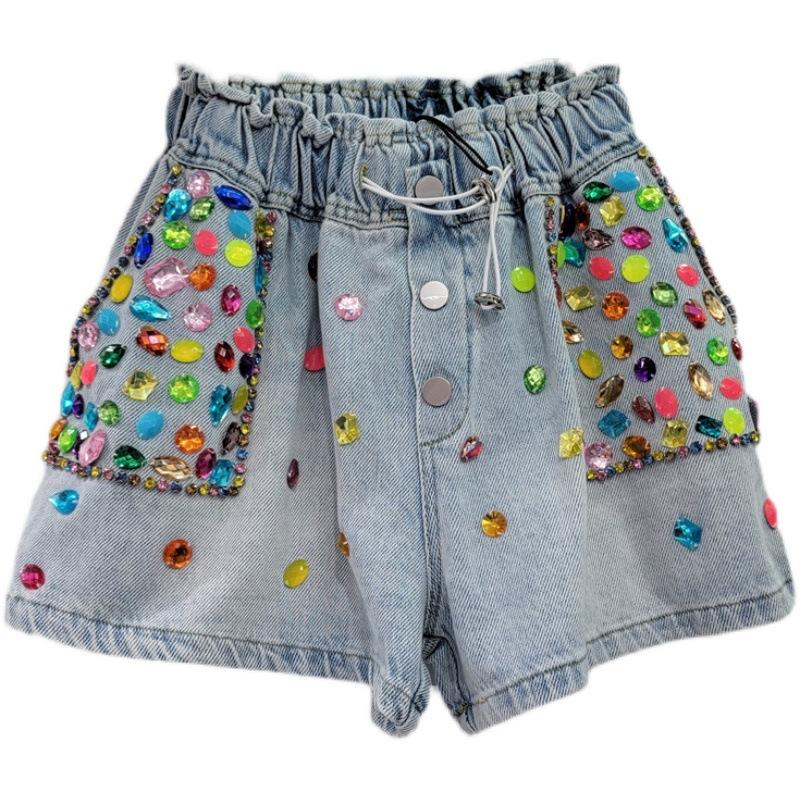 Thailand Tide Brand Summer New Heavy Industry Inlaid with Colored Diamond Beads High Waist Thin Wide Leg Denim Shorts Cross-border