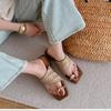 Fashion 2025 New Fashion Square Head Breathable Straw Woven Metal Set Toe Thick with A Flip-flops Summer New Soft Bottom Sandals