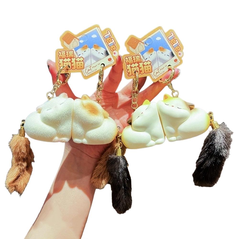 Pom Accessories Couple Cat Key Chain Cartoon Mink Fur Cat Keyring Long Tail Cat Pendant  Car Decor