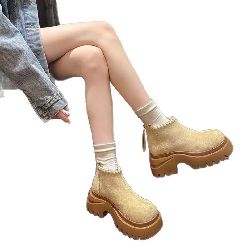 Muffin thick-soled cotton boots women's new autumn and winter retro short tube rear zipper velvet warm Martin boots