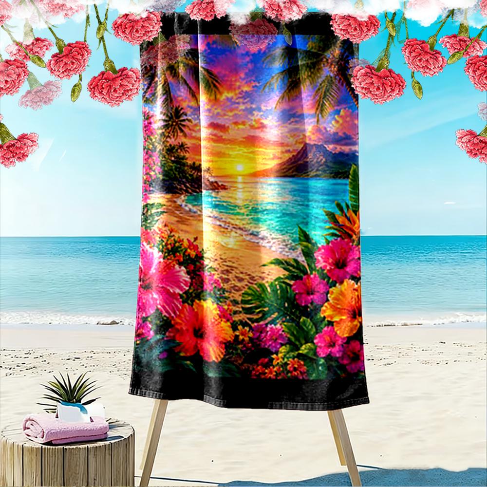 Tropical Sunset Beach with Flowers Design Beach towel quick-drying for travel outdoor sports jogging beach and swimming
