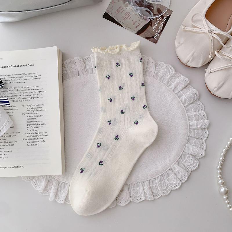 Spring Children's Sock - Seamless Woven Floral Mesh Breathable Mid-high Ankle Cotton Socks with Bubble Cuffs and Pile Up Design
