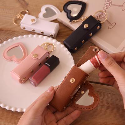 Heart-Shaped Mini Lipstick Keychain with Mirror: Portable Leather Holder for Girls