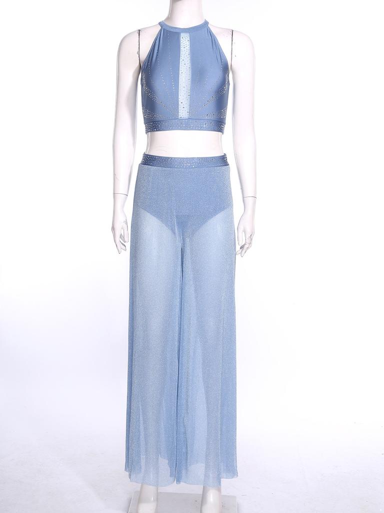 Womens Lyrical Dance Performance Outfit Sequin Hollow-out Tank Crop Top+Built-in Briefs Mesh Pants Modern Contemporary Dancewear