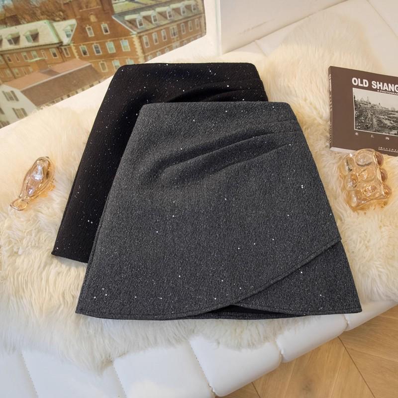 Chic Pleated Sequin Wool-Blend High-Waisted A-Line Skirt - Anti-Exposure, Versatile for Autumn/Winter