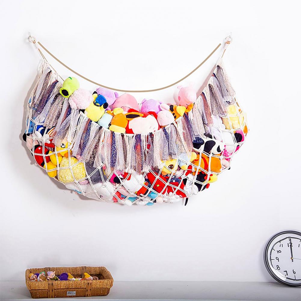 Stuffed Net Stuffed Storage Hammock Capacity Wall-mounted Toy Net Bag with String Light Tassels Design Playroom for Stuffed rosa