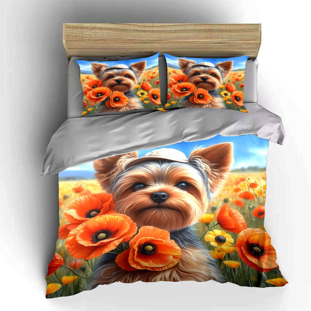 Dog-Inspired Floral Field Set Exquisite three-piece bedding set gift for kids and adults