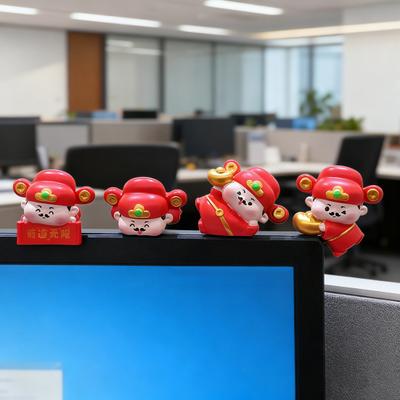 Yousheng 1/4Pcs God of Wealth Figurine Computer Monitor Decoration Cartoon Chinese Immortals Statue Resin Sculpture Car Dashboard Ornament