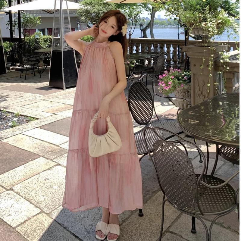 French beautiful neck dress women's summer medium and long dress small pink unique sleeveless seaside tie-dye skirt