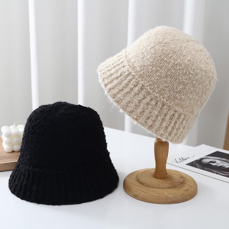 

Fashion Lamb Circle Wool Knitted Bucket Hat Ladies Autumn and Winter Face Small Niche Fisherman Hat M（56-58cm） бежевий