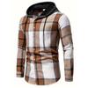 Men's Striped Plaid Casual Loose Button Lapel Long Sleeve Hooded Cardigan Shirt Jacket