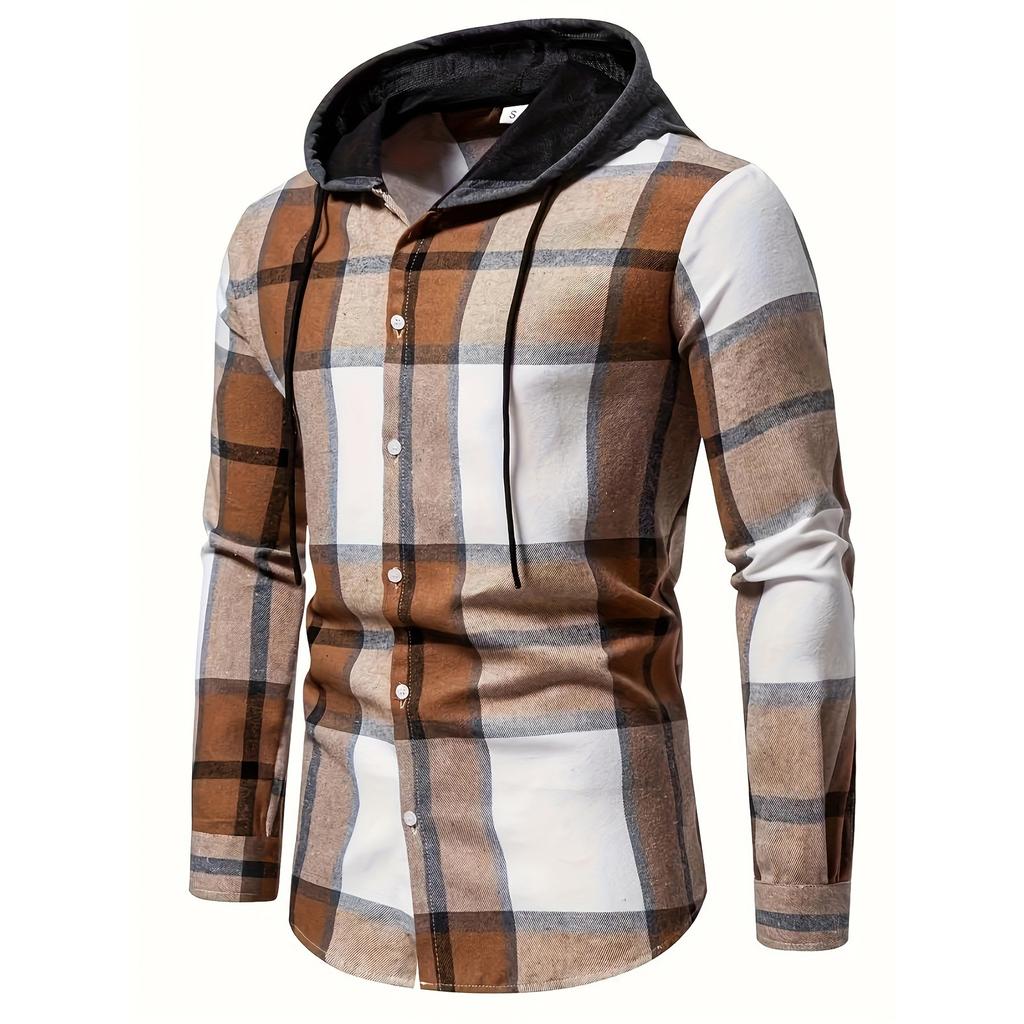Men's Striped Plaid Casual Loose Button Lapel Long Sleeve Hooded Cardigan Shirt Jacket