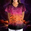 Women's Halloween Print Loose Fit V Neck Short Sleeve Scrub Top with Pockets Medical Uniform Workwear for Healthcare Professionals
