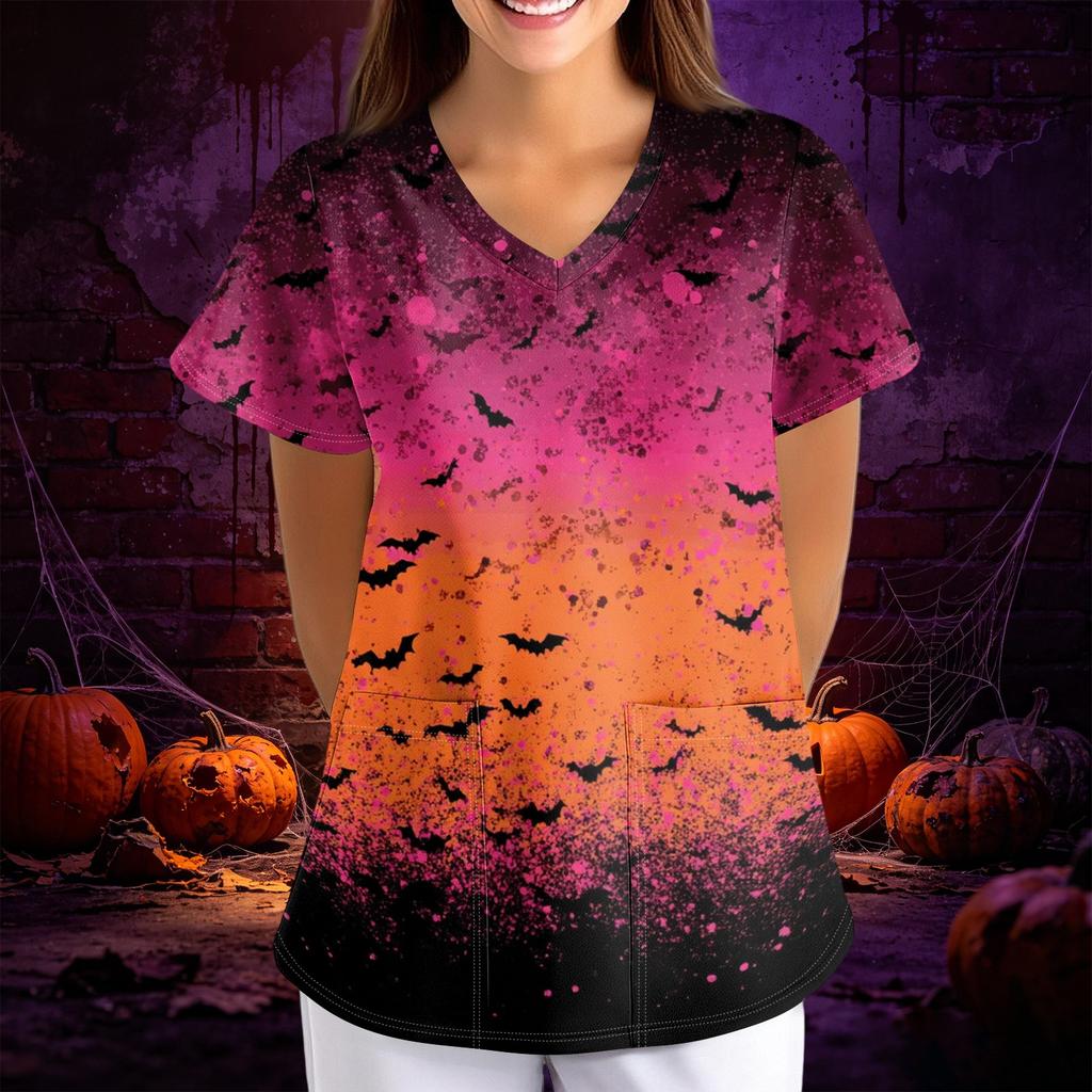 Women's Halloween Print Loose Fit V Neck Short Sleeve Scrub Top with Pockets Medical Uniform Workwear for Healthcare Professionals