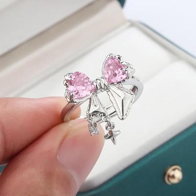 Silver Fashion Sparkle Pink Zircon Bow Shaped Ring Jewelry For Women High Quality Engagement Party Anniversary Gift