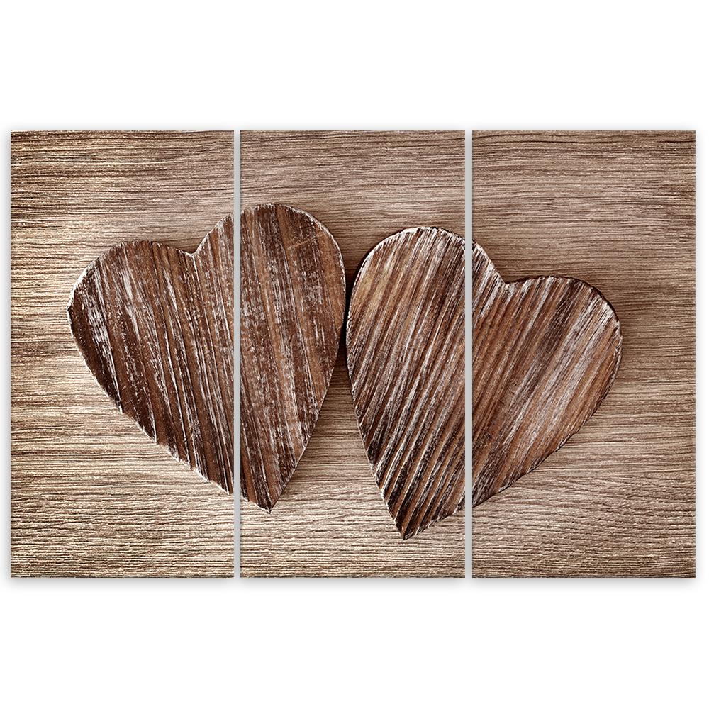 Three Piece Picture Canvas Print Heart Wood Brown Retro