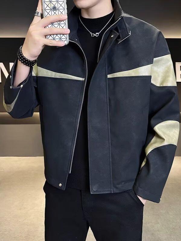 Men's Trendy Patchwork Color Block Stand Collar Jacket - Casual, Loose, Windproof Design for Spring and Autumn.