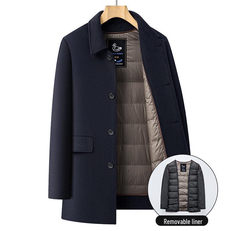 Men's Double-sided Mid-length Wool Coat with Lapel and Casual Down Liner