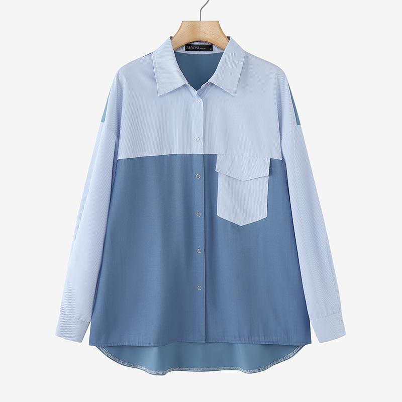 

ZANZEA Женская блузка с отложным воротником и длинными рукавами в полоску в стиле пэчворк 4XL синий