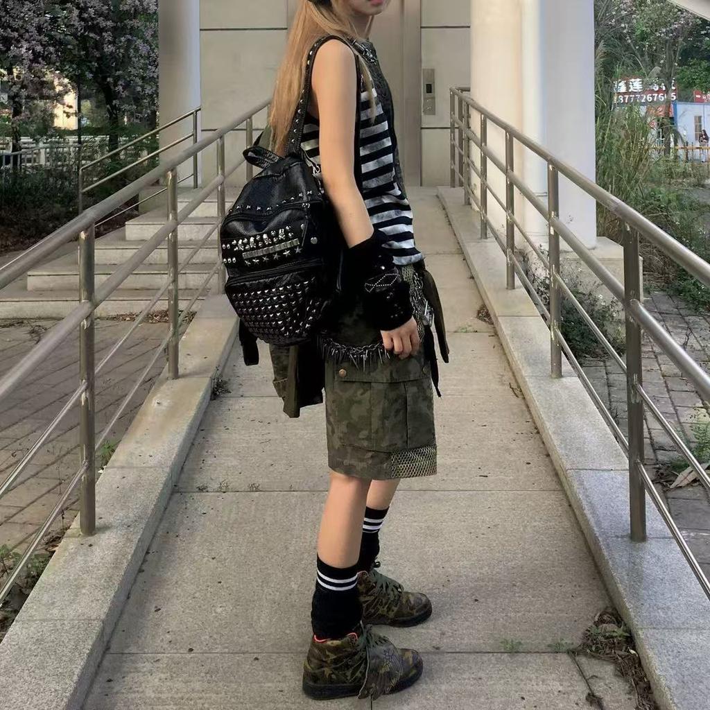Schoolbag exclusive accessories original homemade dark tide brand punk Y1K subculture backpack niche spice girl soft leather rivet double