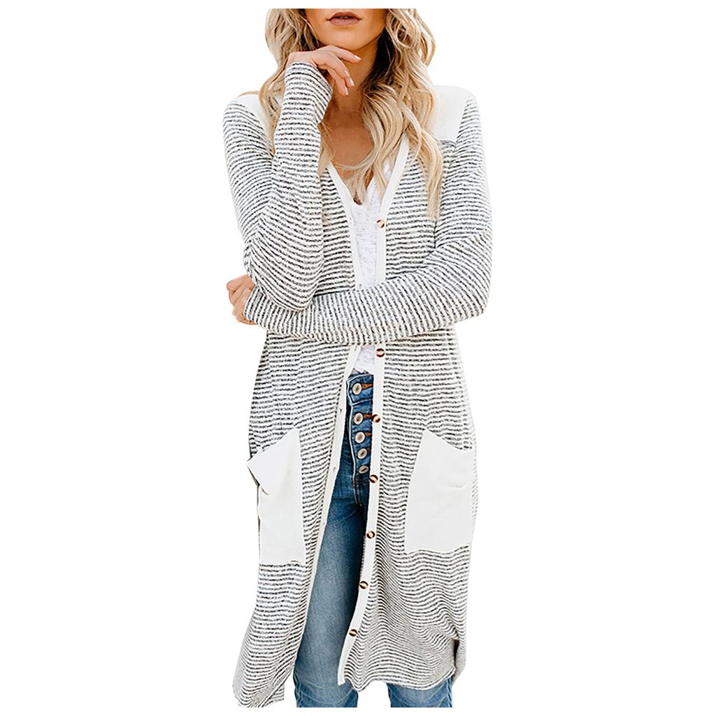 Fashion Women Stripe Print Leopard Patchwork Buttons Knitted Cardigan Coat